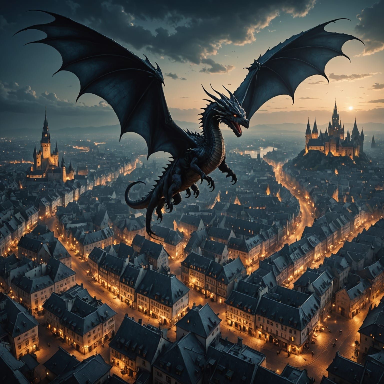 Dragon Flying Over Magical City at Night