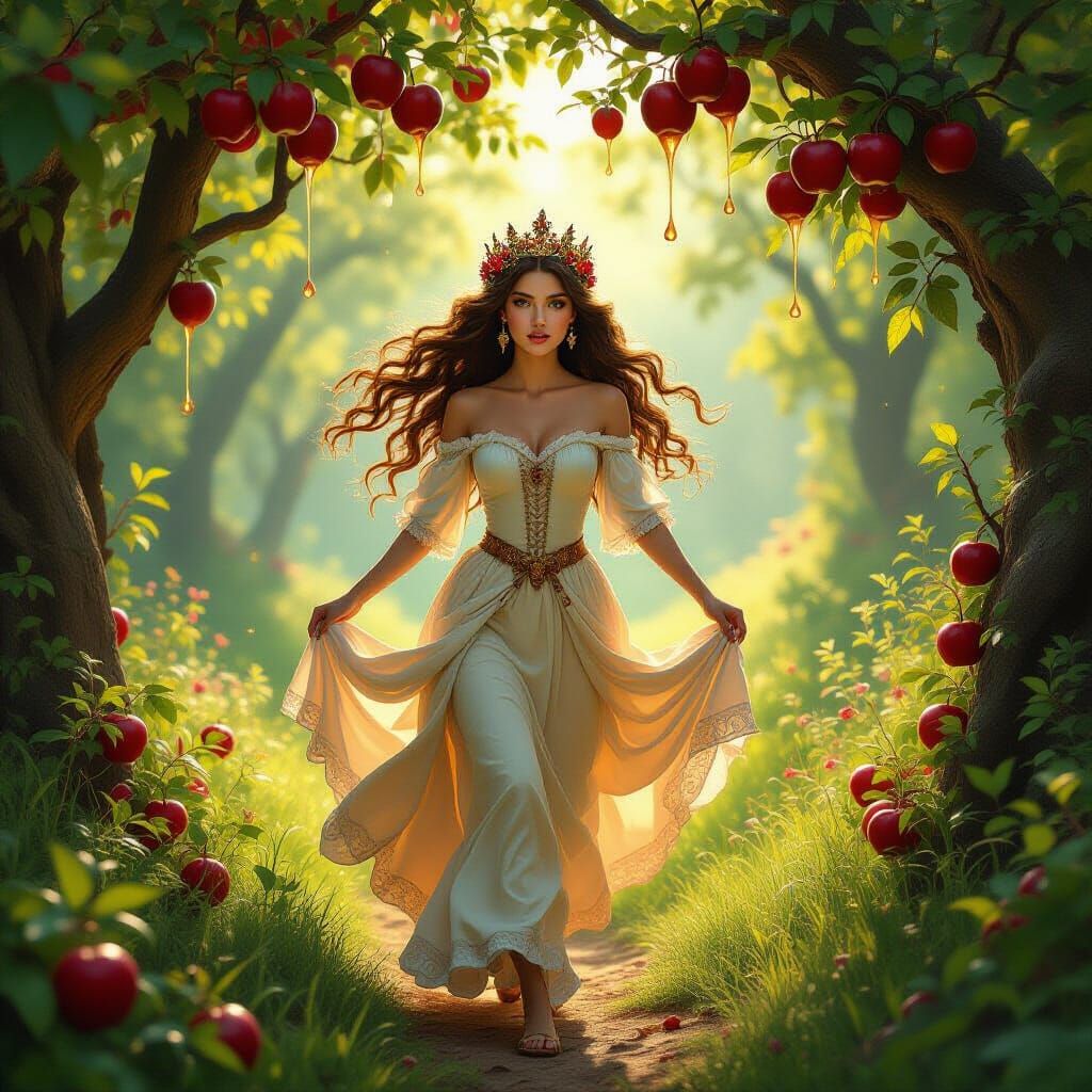 Queen in Enchanted Forest with Fruit and Honey Crown