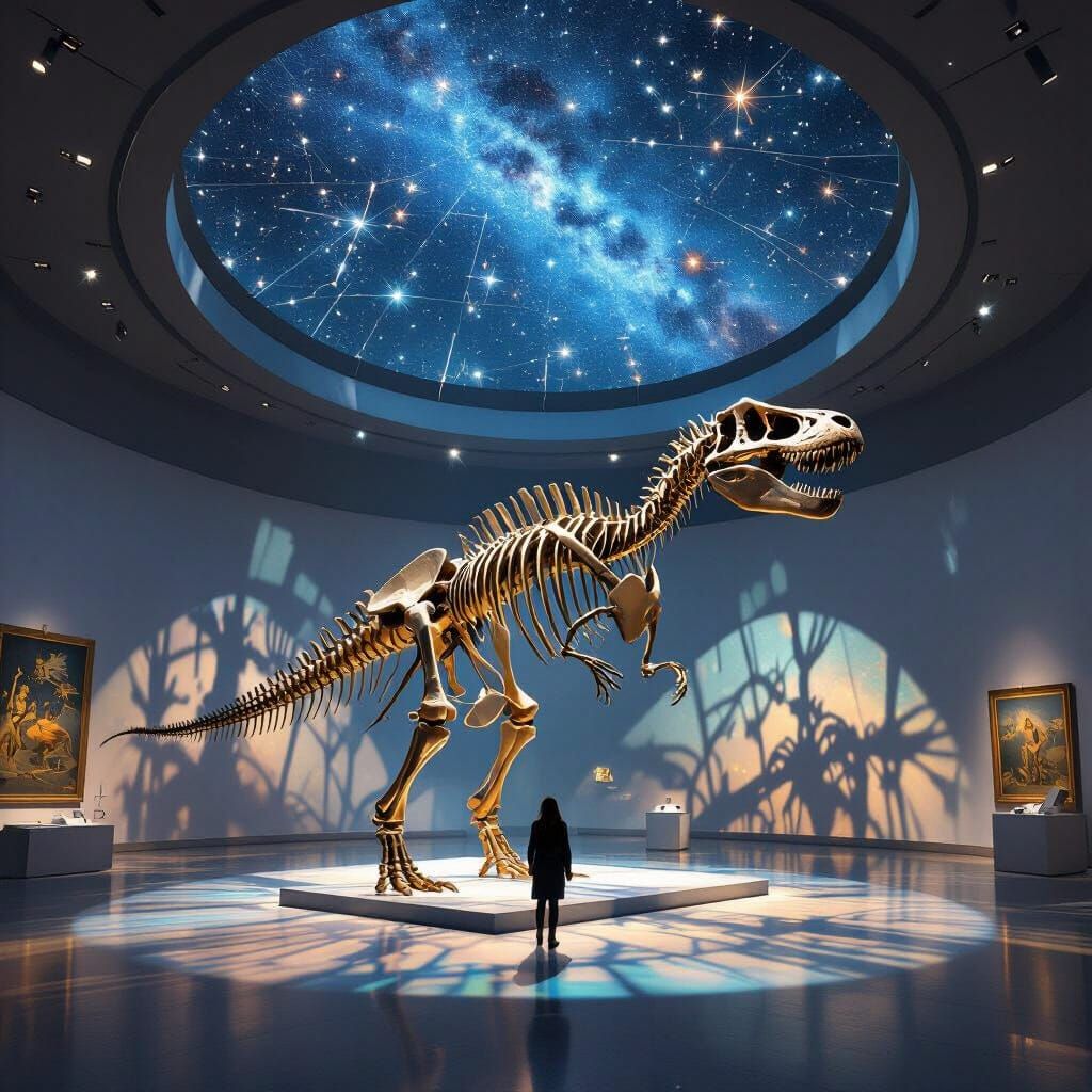 Dinosaur Skeleton in Surreal Art Museum