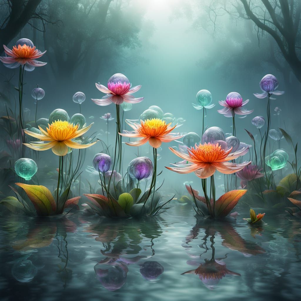 Glass Flowers Bloom in Mystical Misty Swamp