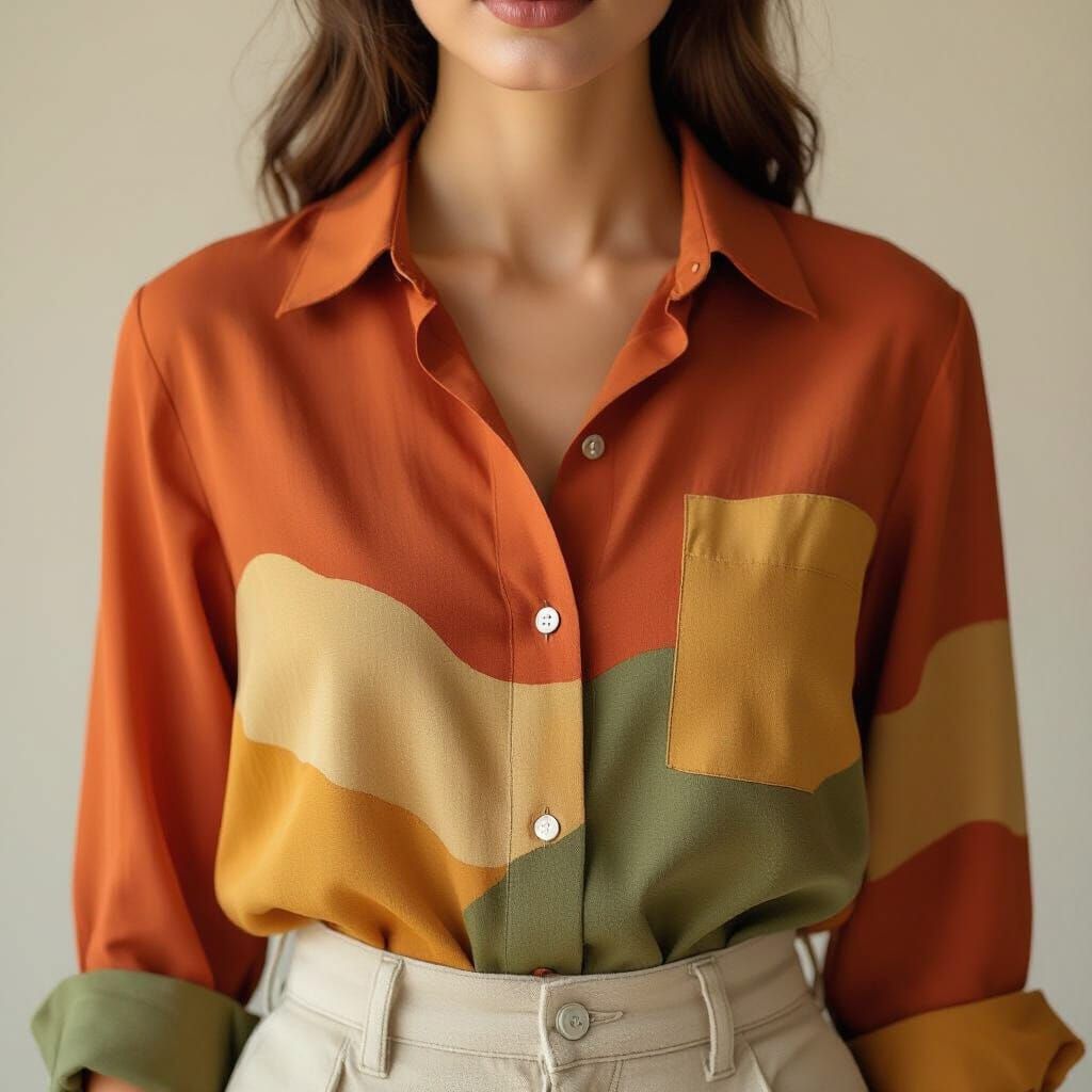 Model in Earthy Tones Shirt: Terracotta, Olive, Mustard, Bei...