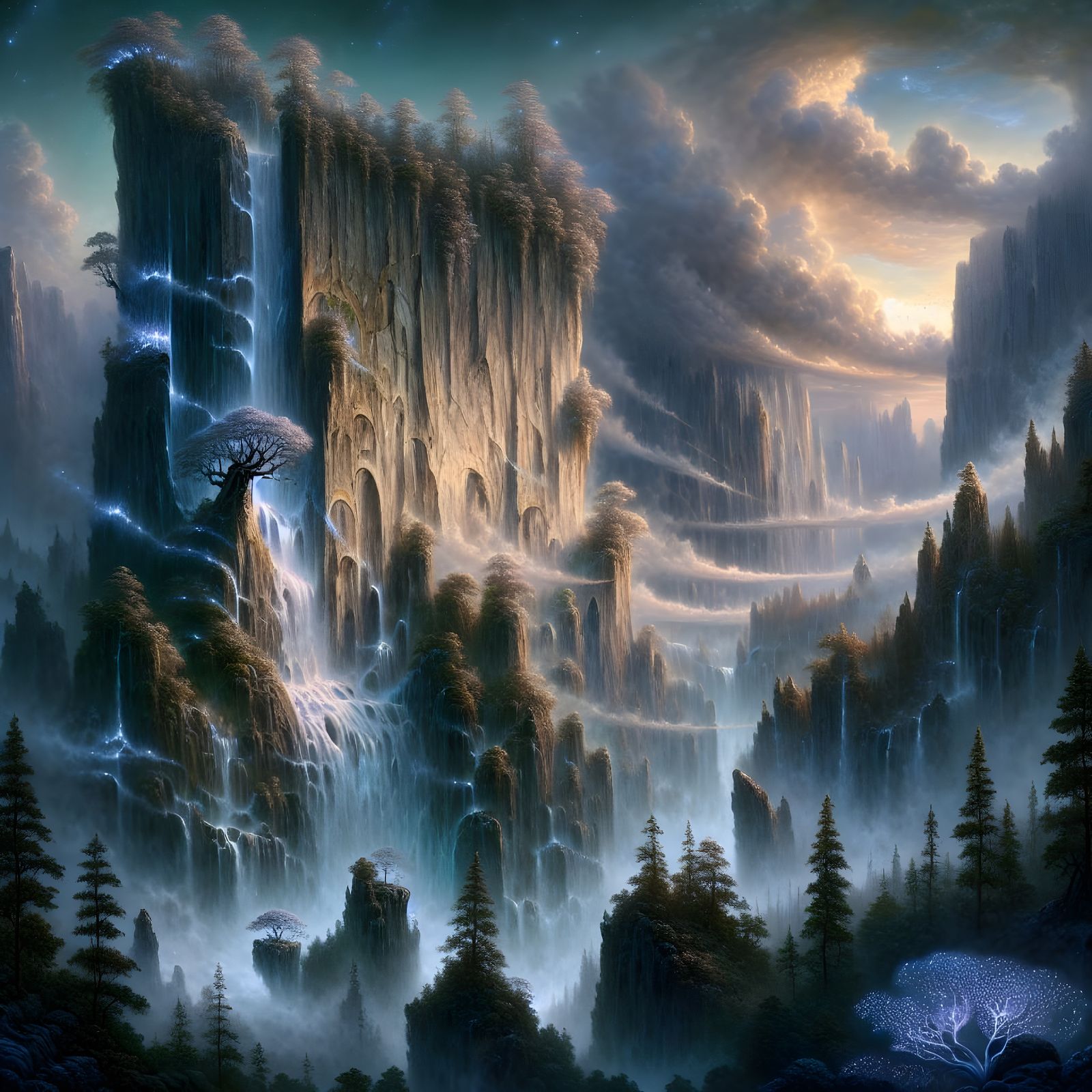 Mystical Waterfall Cascades from Jagged Cliff