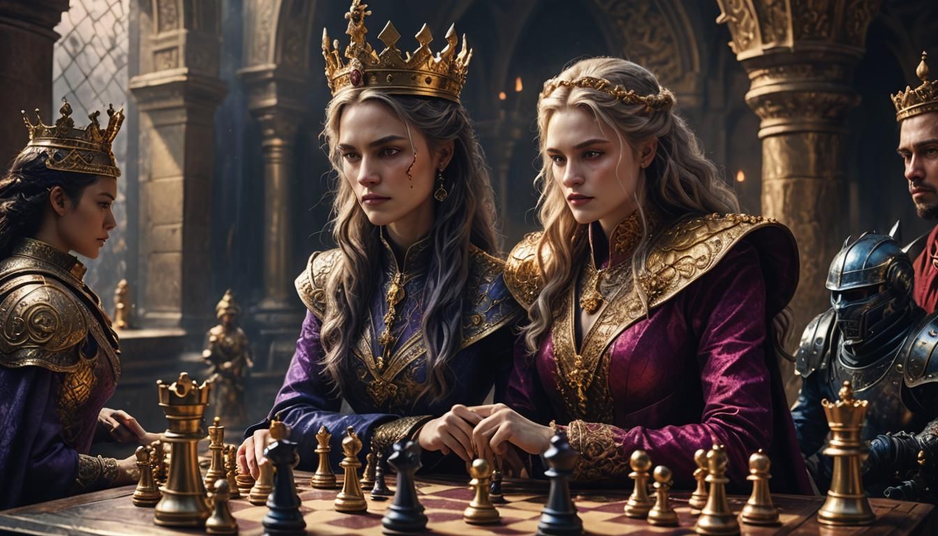 Chess Game: Old King and Young Lady in Dark Fantasy Style