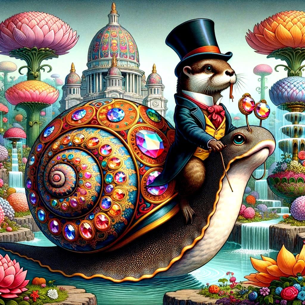 A whimsical anthropomorphic otter wearing a top hat and mono...