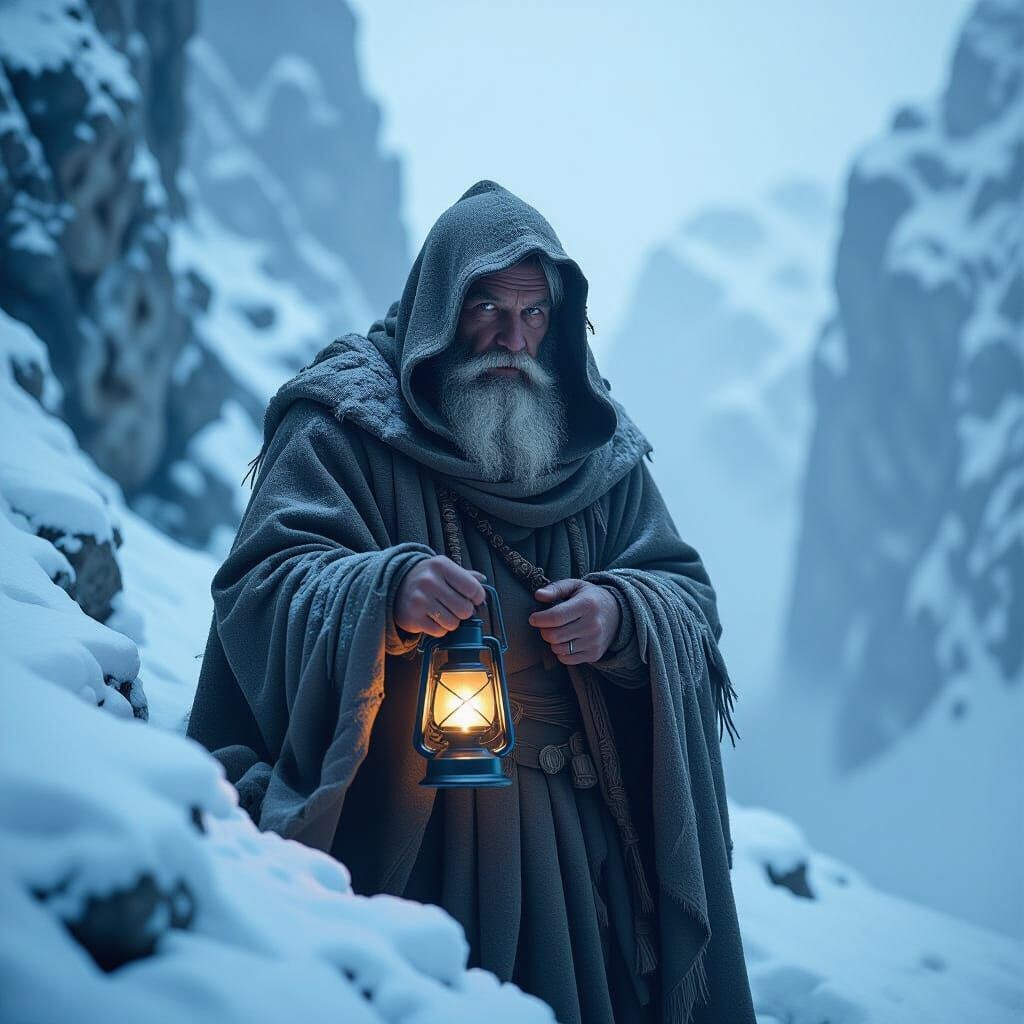 Hermit in Frozen Landscape: Mystical Dark Art