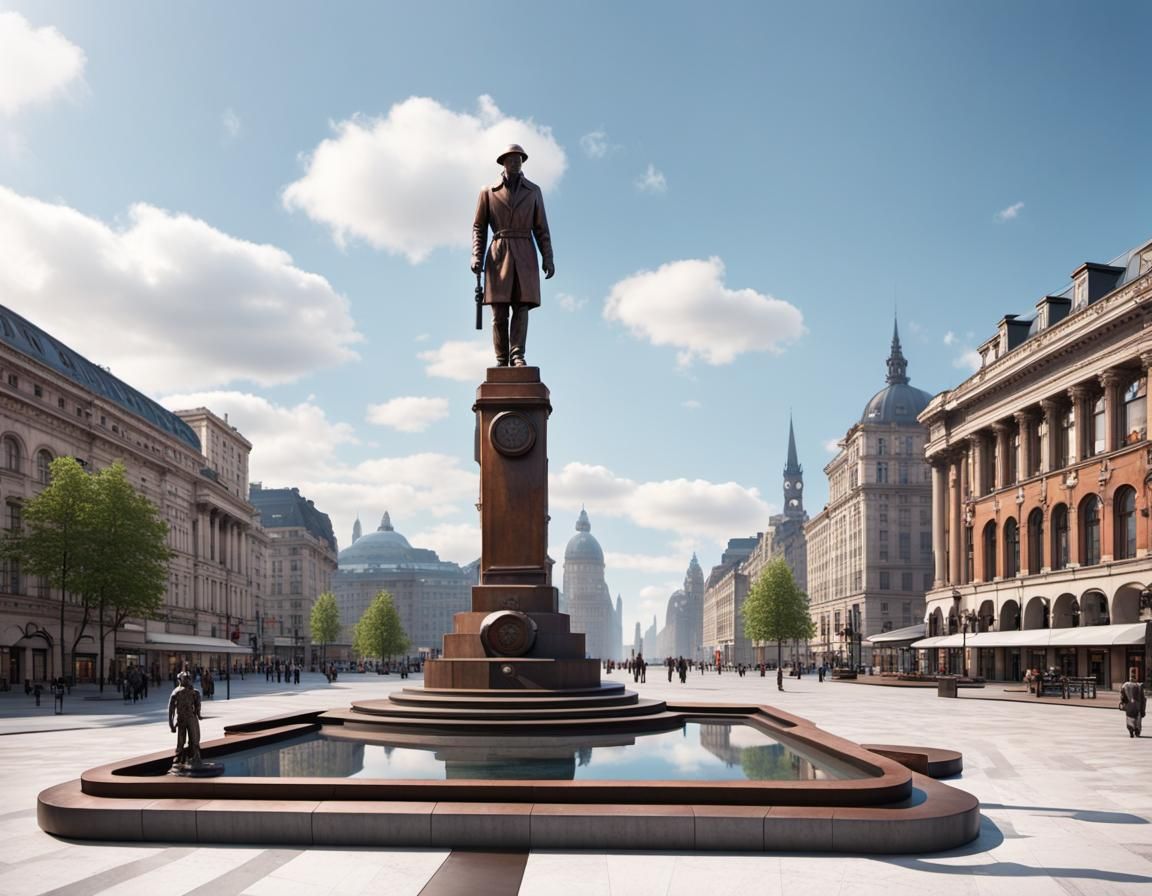 Futuristic City Square with Coalminer Statue