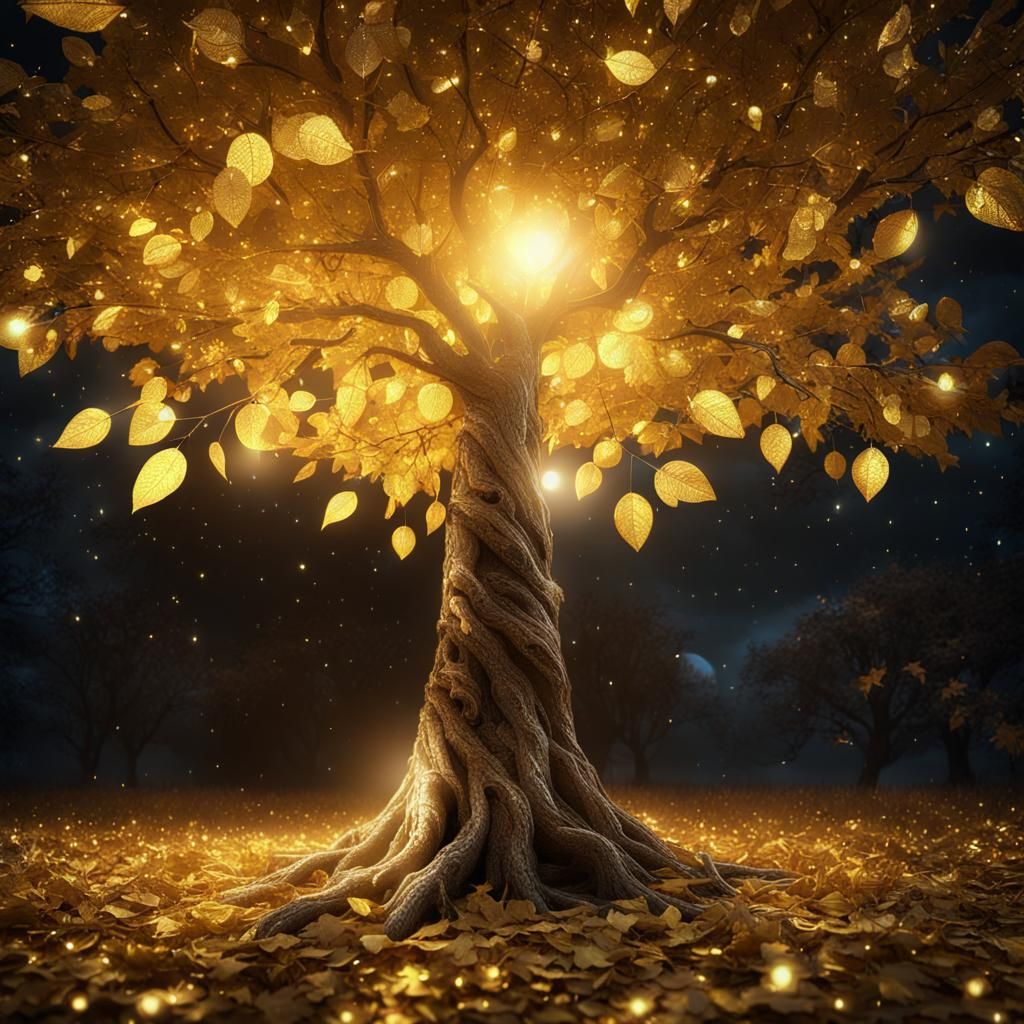 Mystical Golden Leaf Tree at Moonlit Night