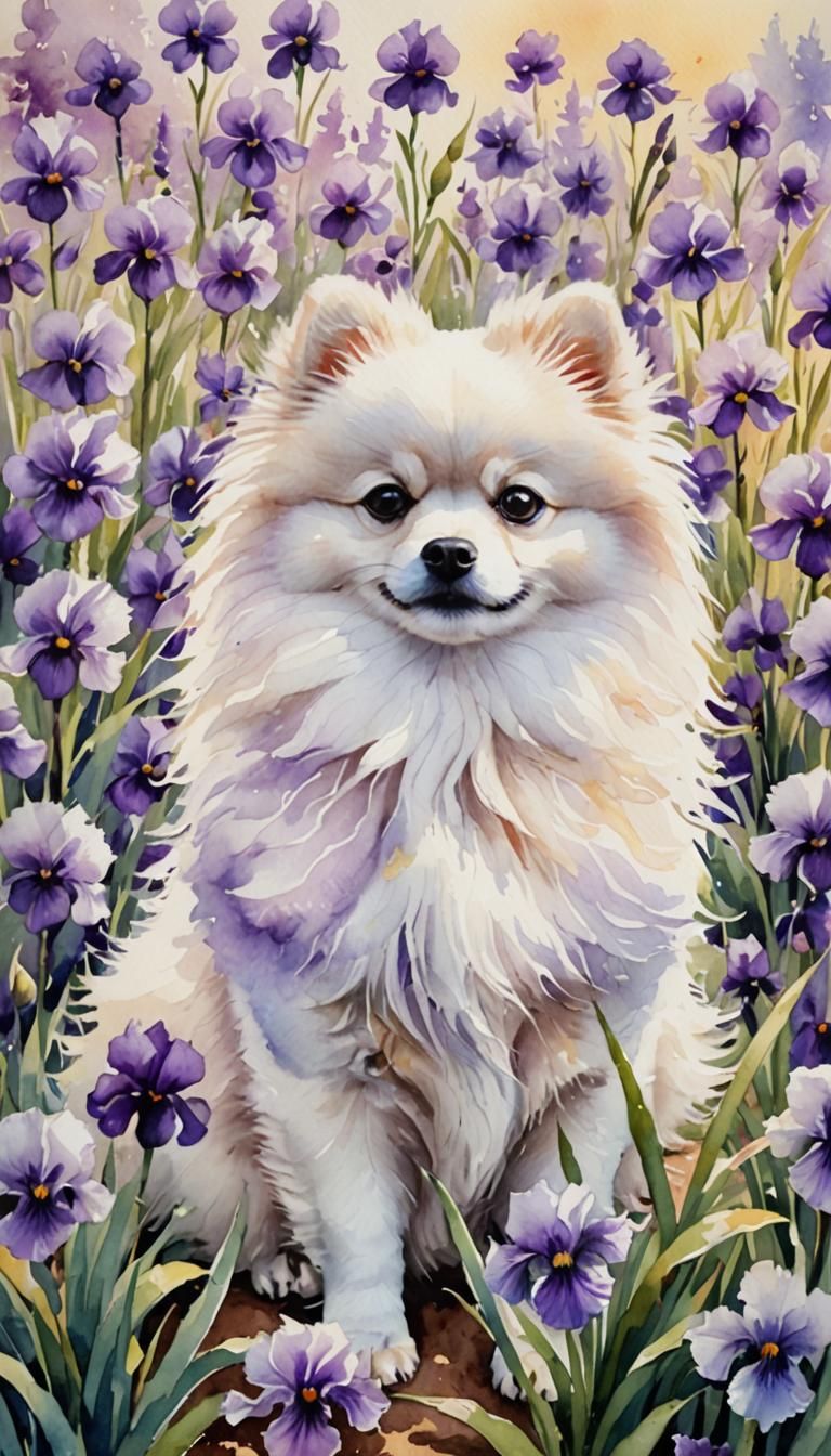 White Pomeranian in Iris Patch: Watercolor Pet Portrait