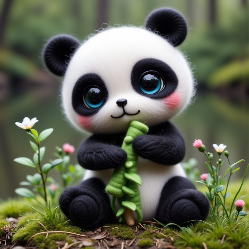 Cute Felt Panda with Bamboo, Digital Graffiti Art