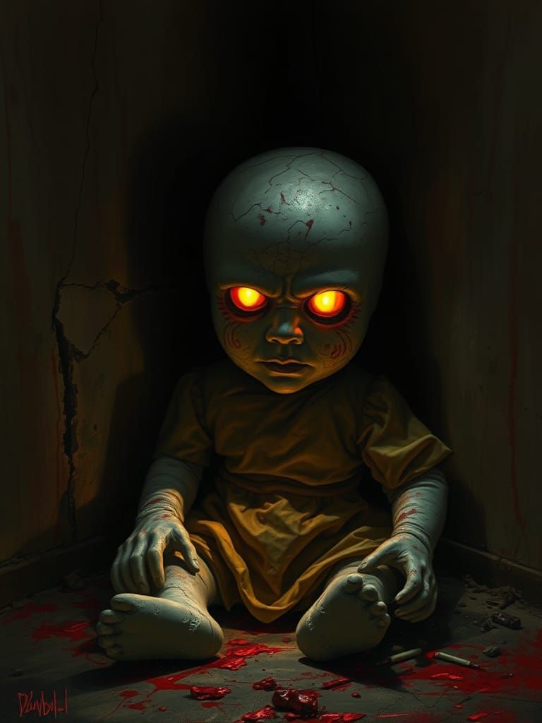 Creepy Doll in Dark Room, Dark Fantasy Style