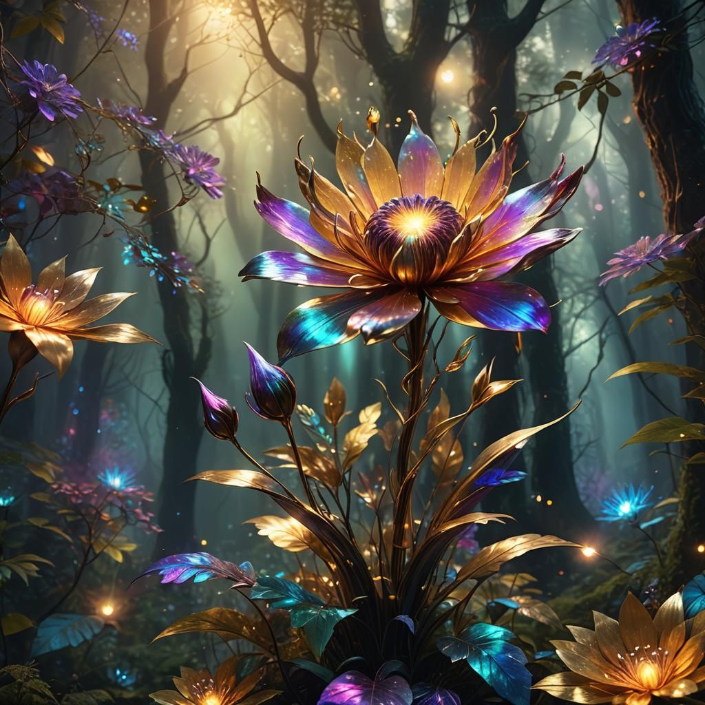 Metallic Flower Blooms in Mystical Forest