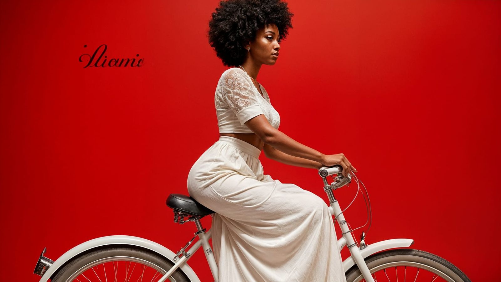 Serene Woman Riding Vintage Bicycle in Red Backdrop