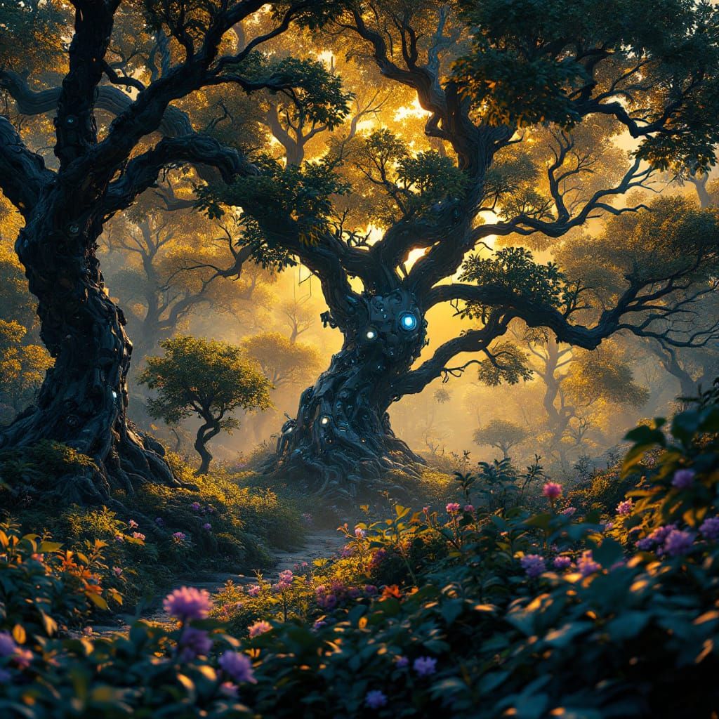 Robot Tree Forest in Golden Light