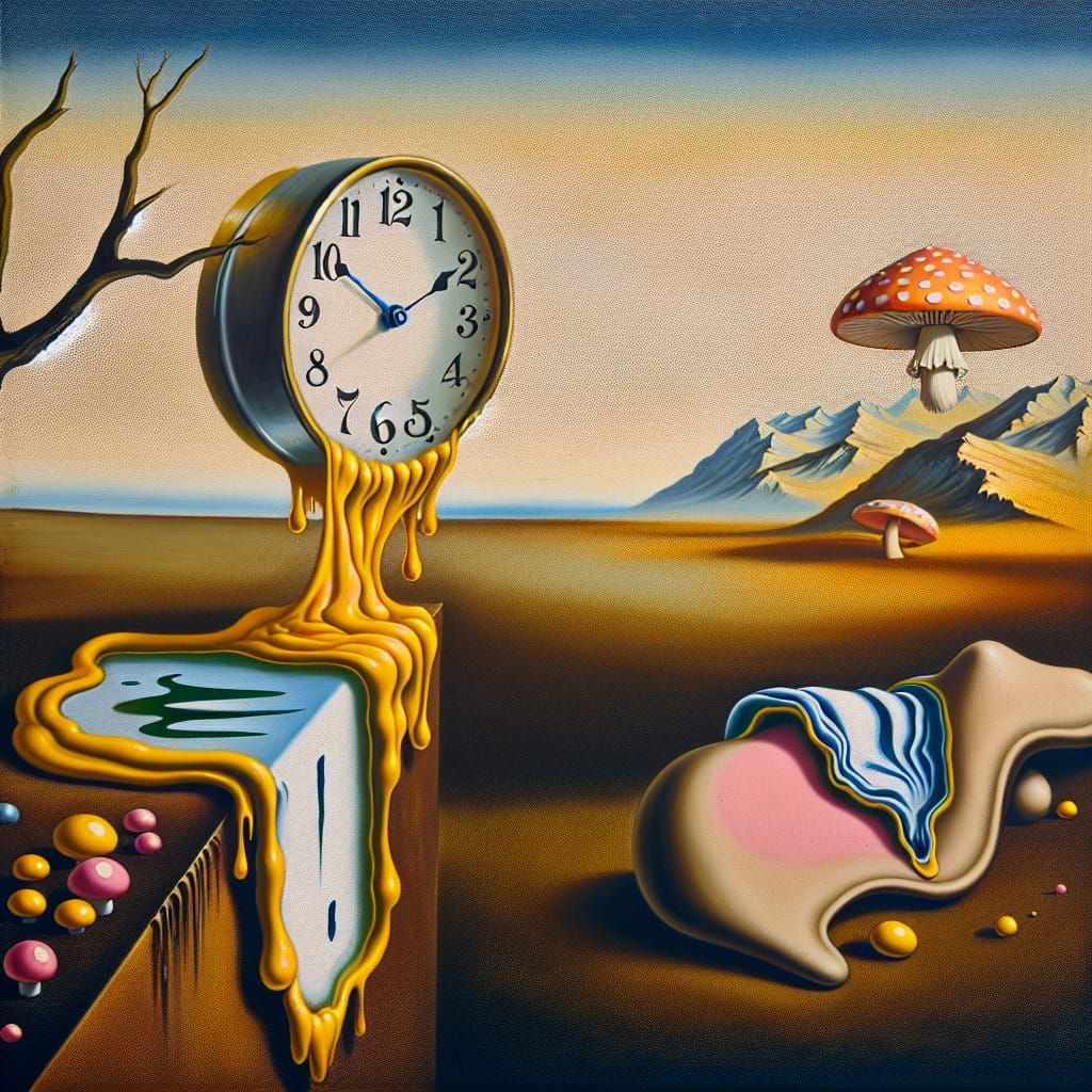 Surreal Melting Clock and Psychedelic Mushroom
