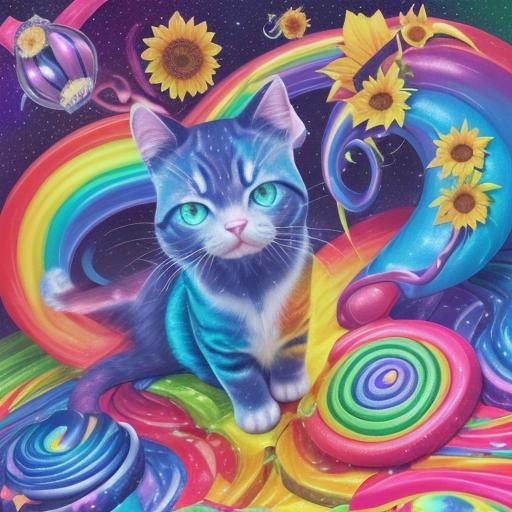Rainbow Sunflower Cat with Electric Lighting Bolts