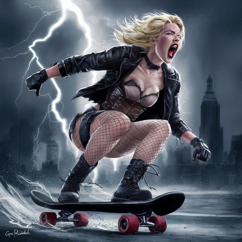 Skateboarding Hero in Gotham City Lightning Storm