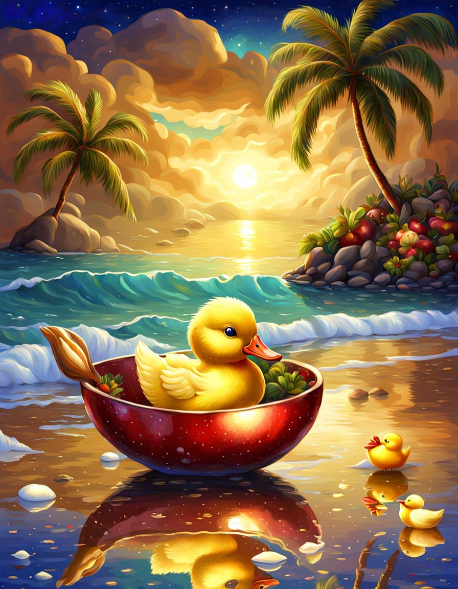 Magical Beach Holiday Scene with a Happy Apple and Duck