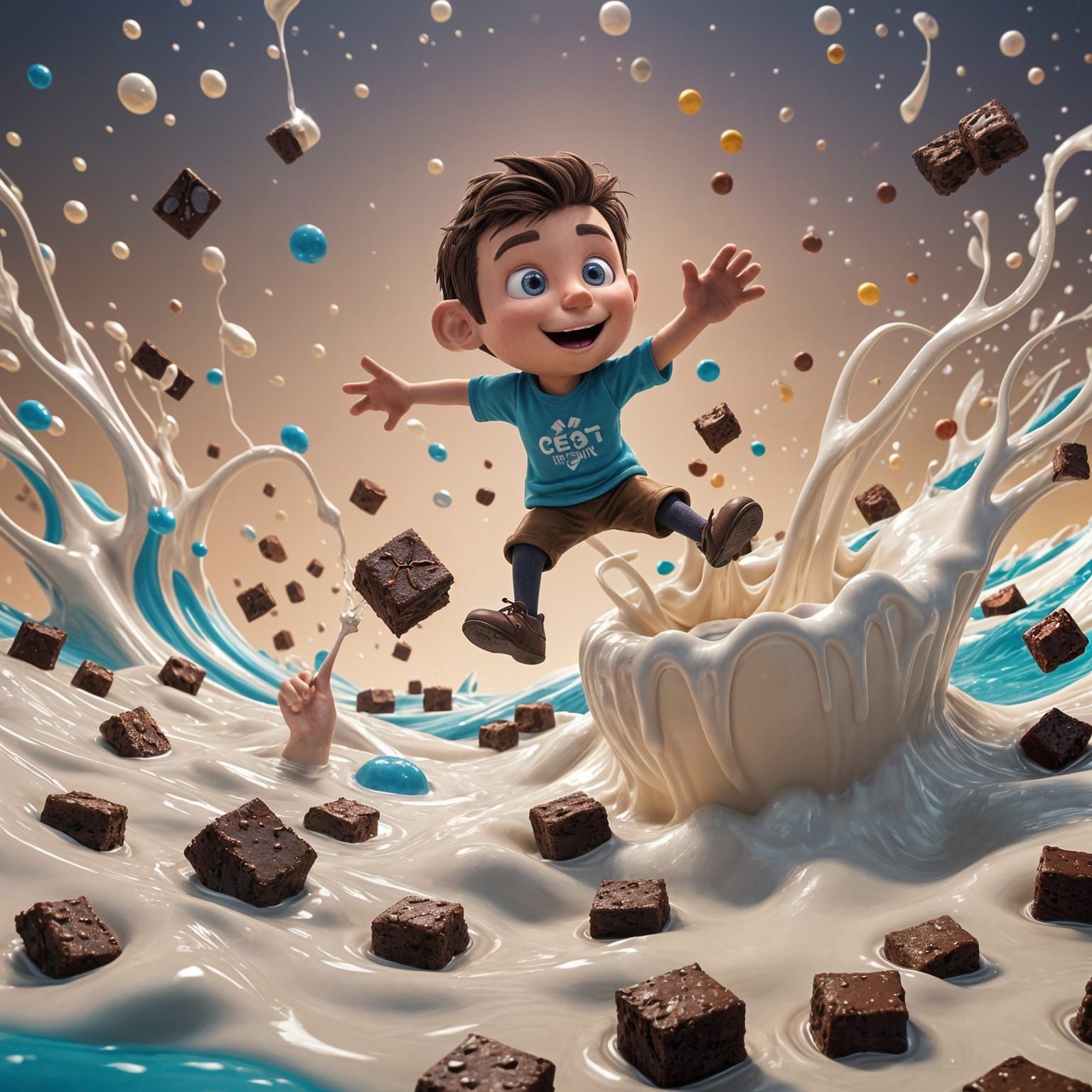 Cartoon Brownie Boy on Milk River: 3D Digital Art