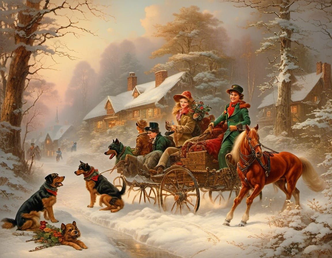 <lora:Favorieten:1.0> Anton Pieck, winter, snow, trees, winter, A frozen lake in the forest, ice, males and females have...