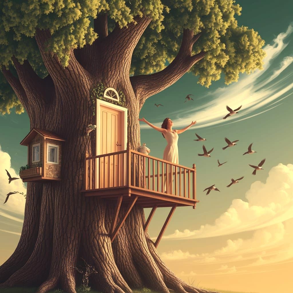 Enchanted Treehouse in a Surreal, Magritte-Inspired Scene