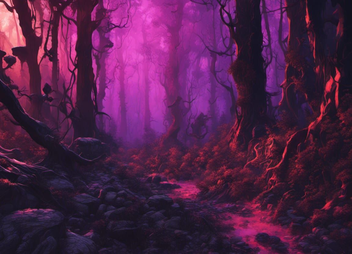 Lush Forest with Crystalline Structures in Black Light