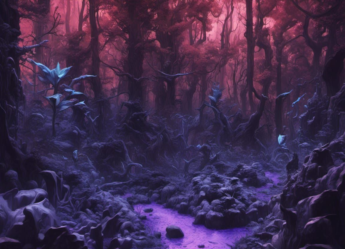 Lush Forest with Crystalline Structures in Black Light Conce...