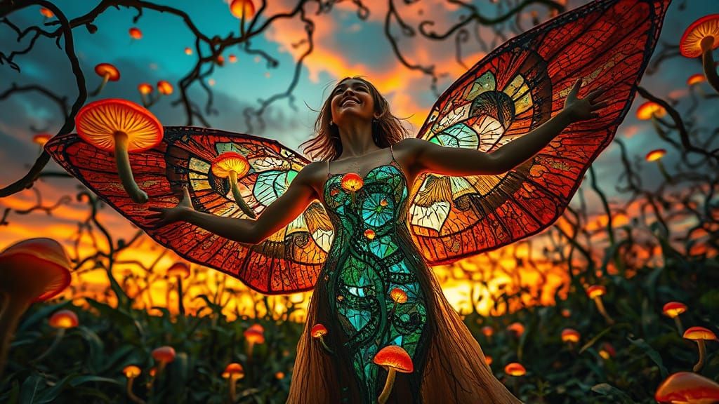 Dreamlike Fantasy with Mushroom Wings and Labyrinth of Light