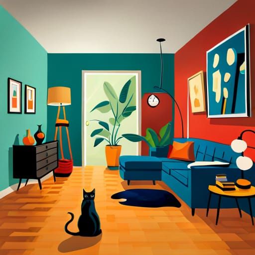 Mid-Century Modern Interior with Black Cat