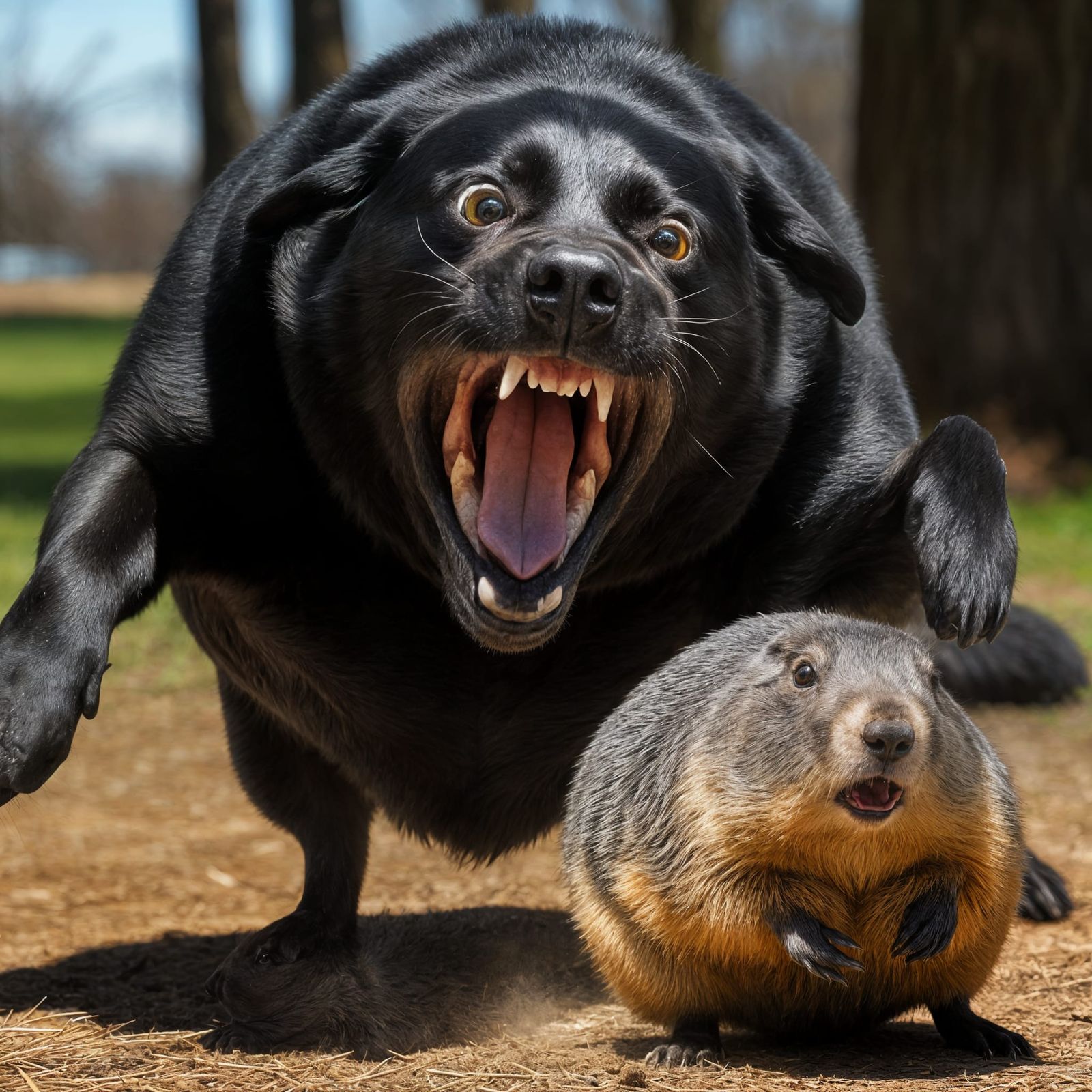 Labrador Snaps at Woodchuck in Sunny Park