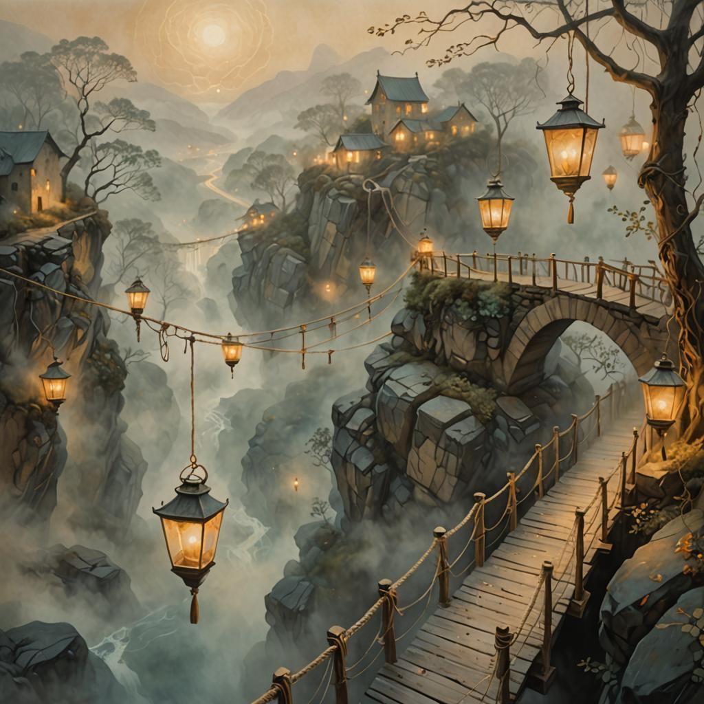 Misty Abyss: A Delicate Rope Bridge in Soft Focus