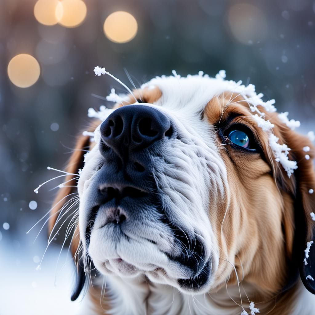 Macro Photo of Snowflakes on Puppy's Snout
