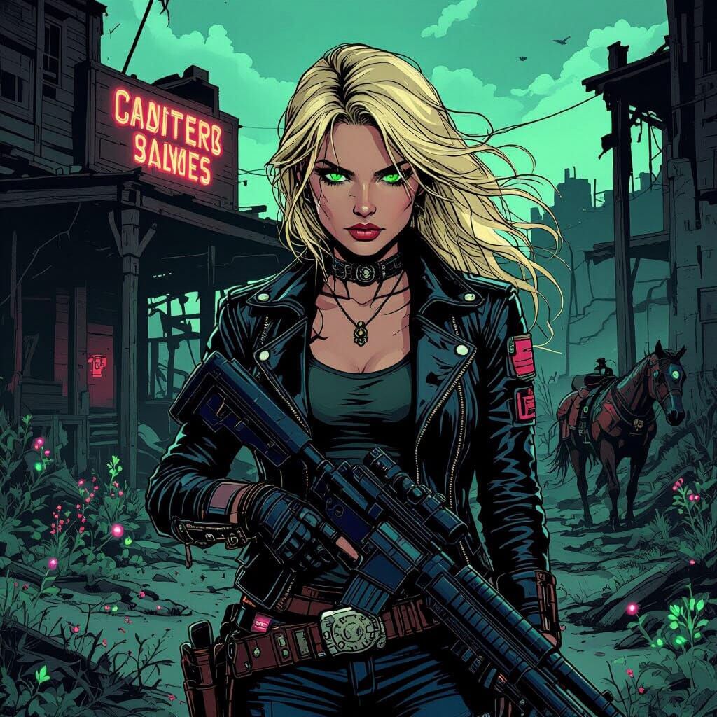 Cowgirl in Bioluminescent Saloon, Graphic Novel Style