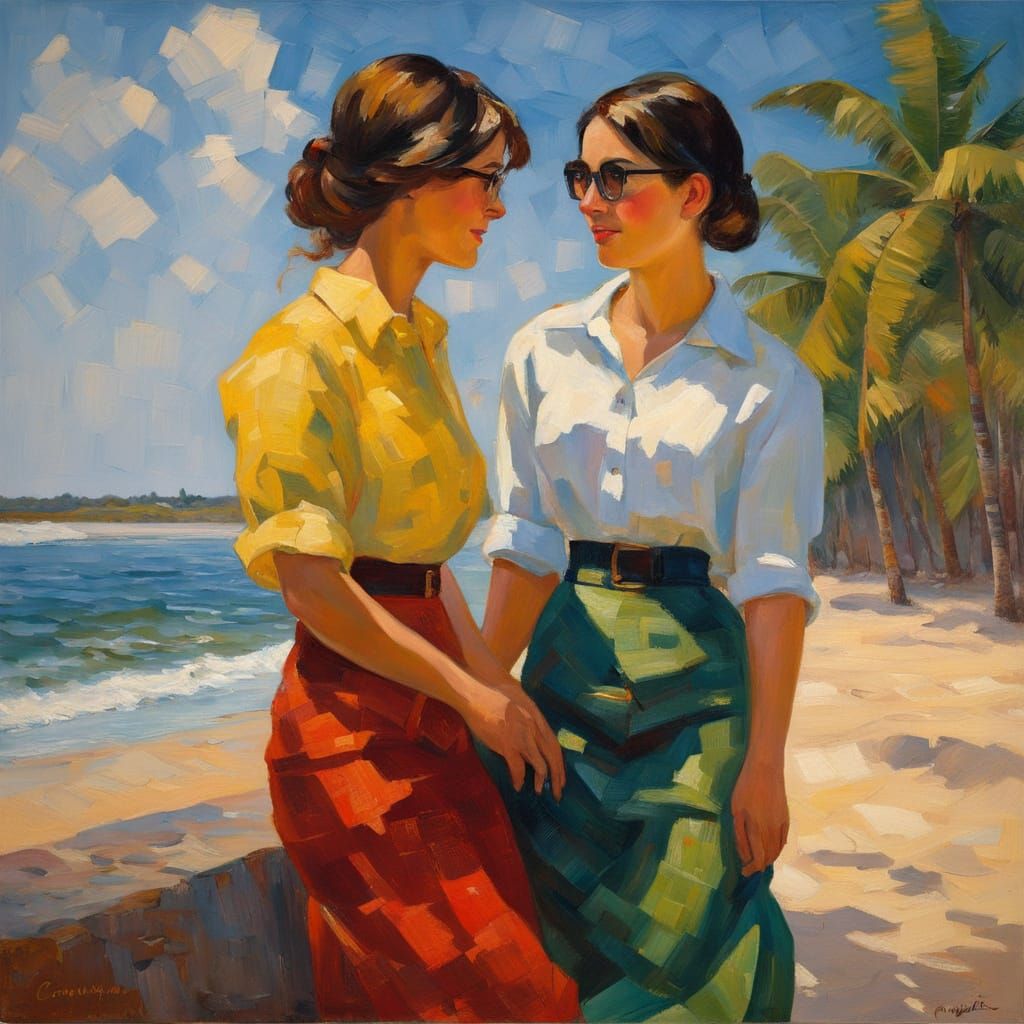 Two Women Embrace on Tropical Beach as Impasto Oil Painting