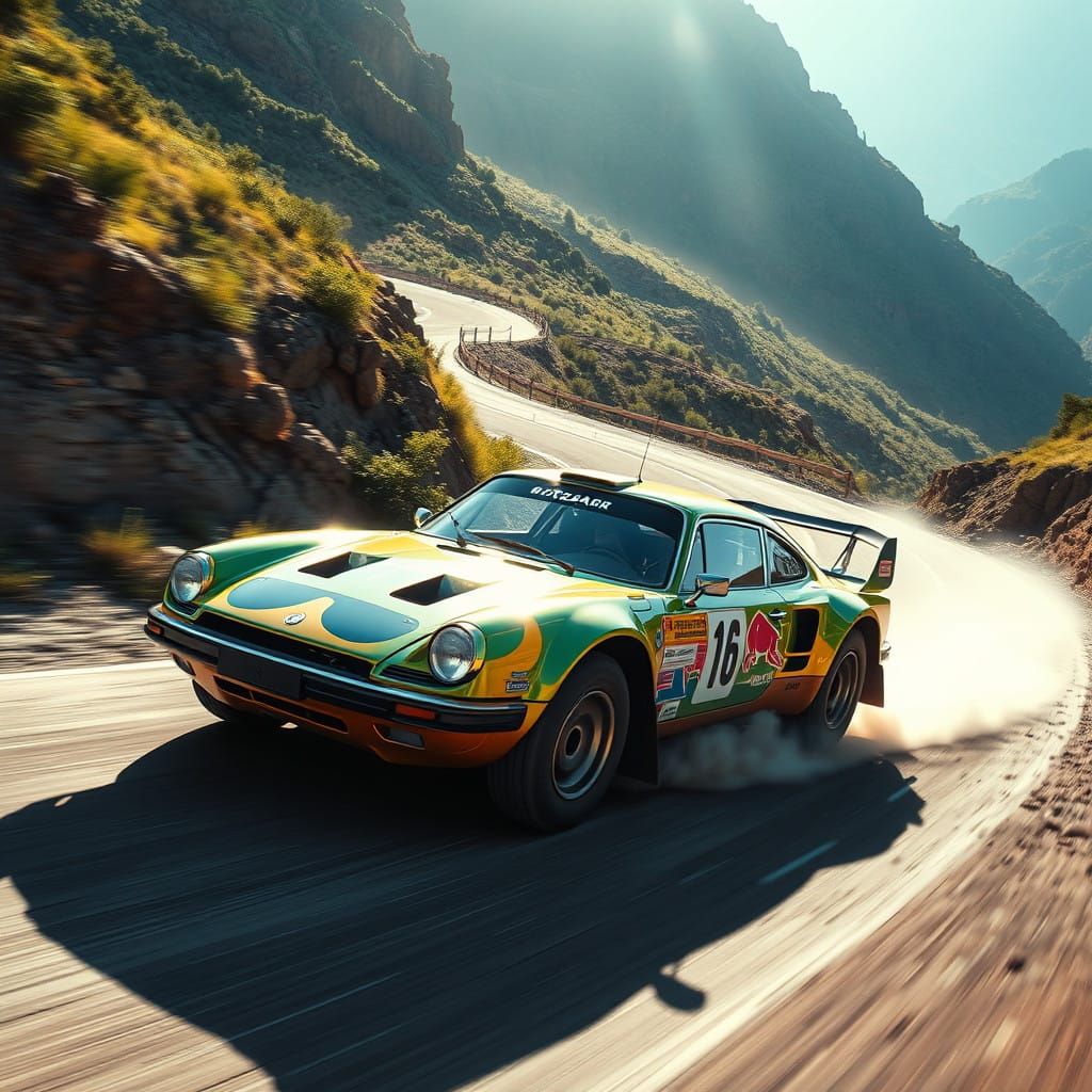 Rally Car Speeds Down Winding Mountain Road in Futuristic St...