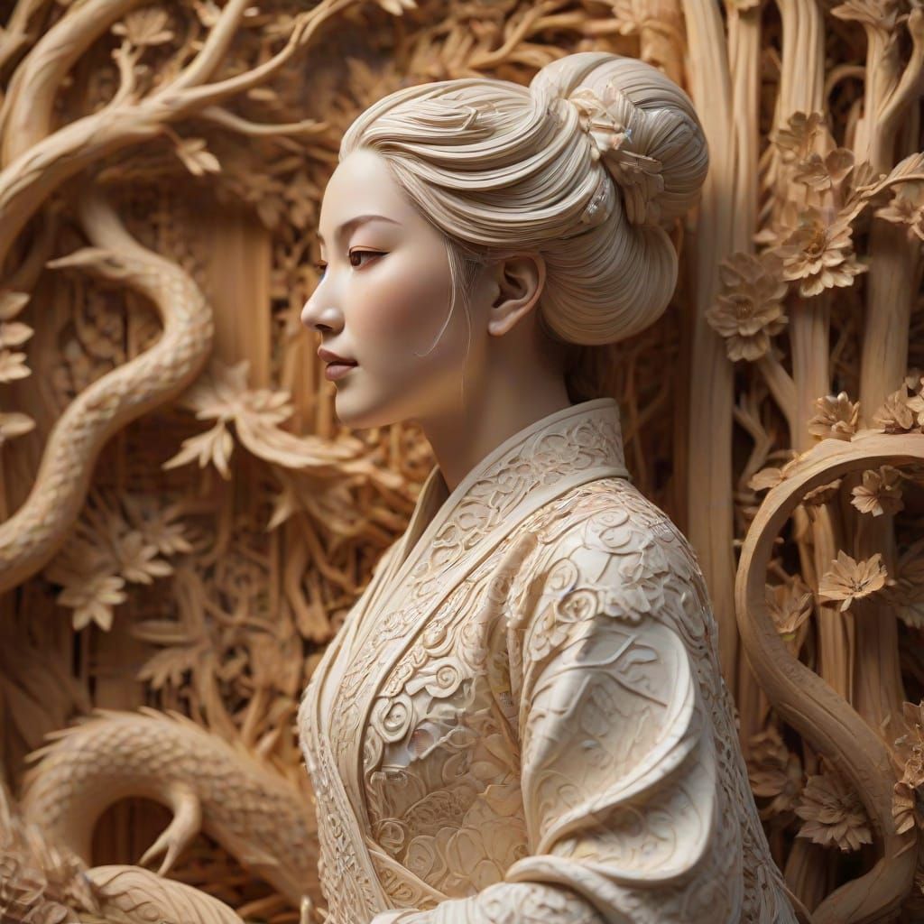 Intricate Wood Carving of Lady White Snake in Leifeng Tower