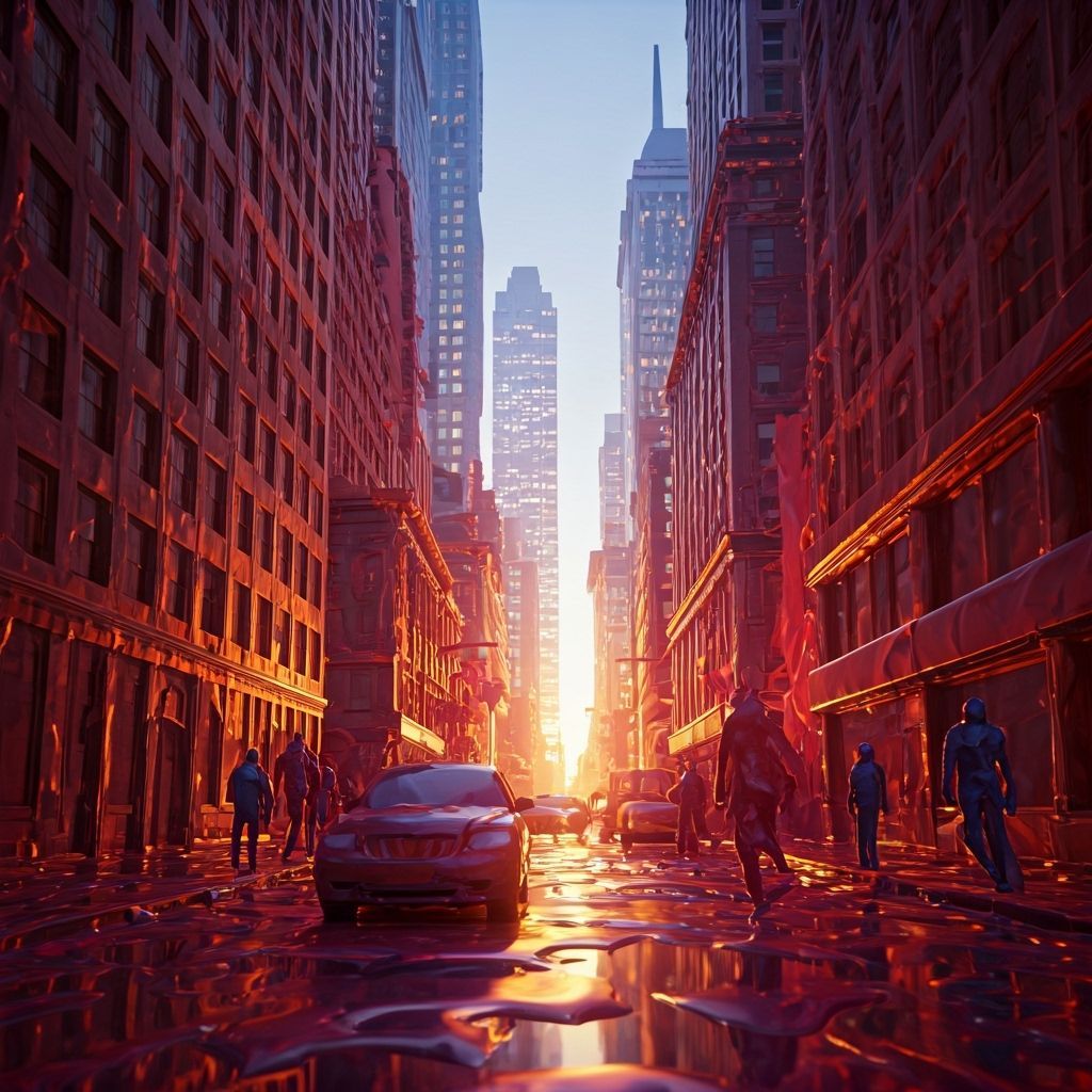 Liquid Cityscape: Surreal Urban Life in Flowing Forms