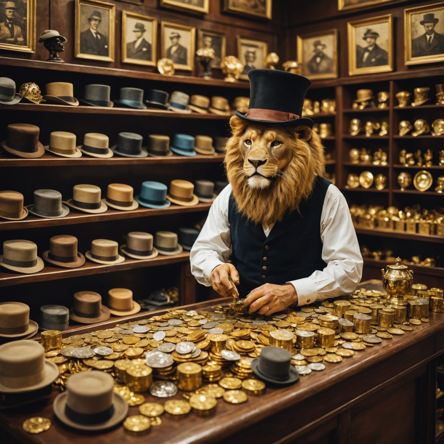 Lion Shopkeeper Counting Gold in Hat Store
