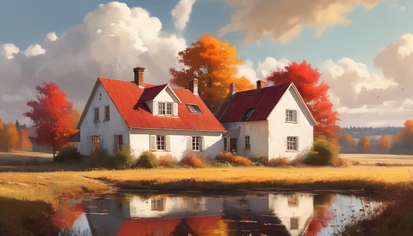 Digital painting of a picturesque autumnal house, red roof, ...