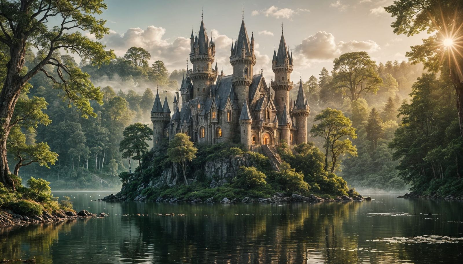 Elven Castle on Island in Misty Forest Lake