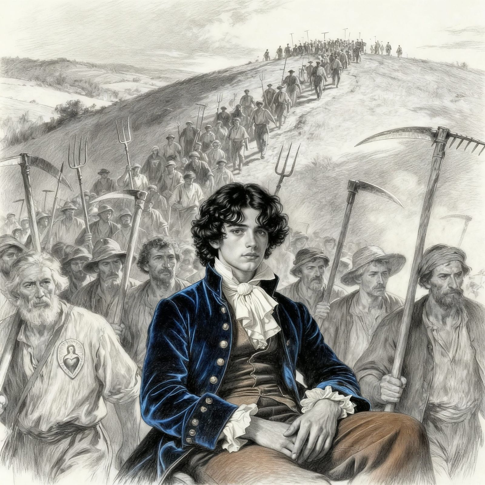 Man Stands Out Among Charcoal Peasants Hyperdetailed Drawing