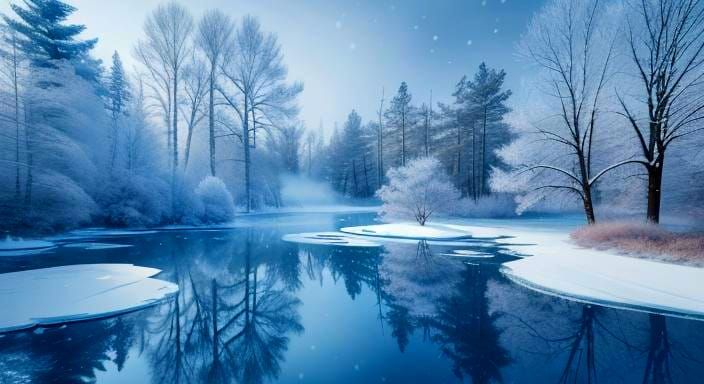 Winter Forest Landscape with Frozen Pond