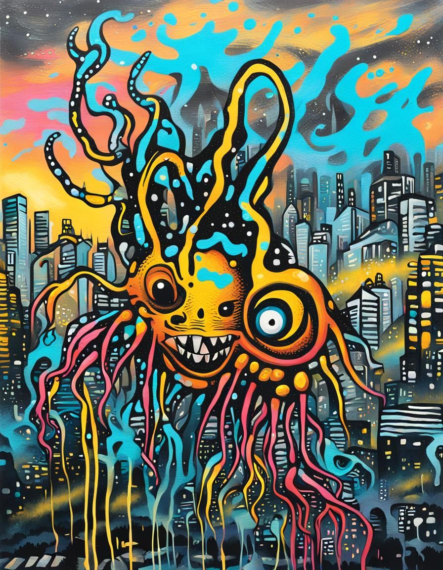 Surreal Graffiti Squid Attacks Cityscape in Acrylic Style