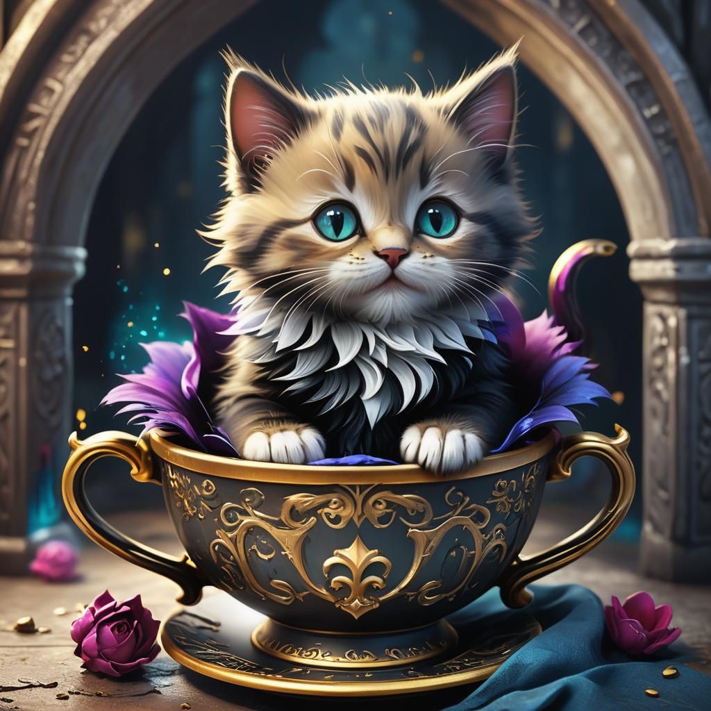 Adorable Kitten Curled in Gothic Teacup