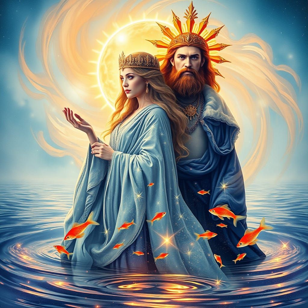 Ethereal Goddess and Sun God Double Exposure Portrait in Dre...