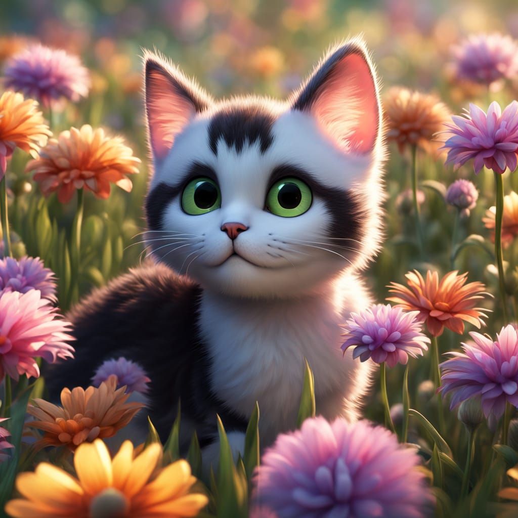 Tuxedo Kitten Plays in Flower Field Pixar Style