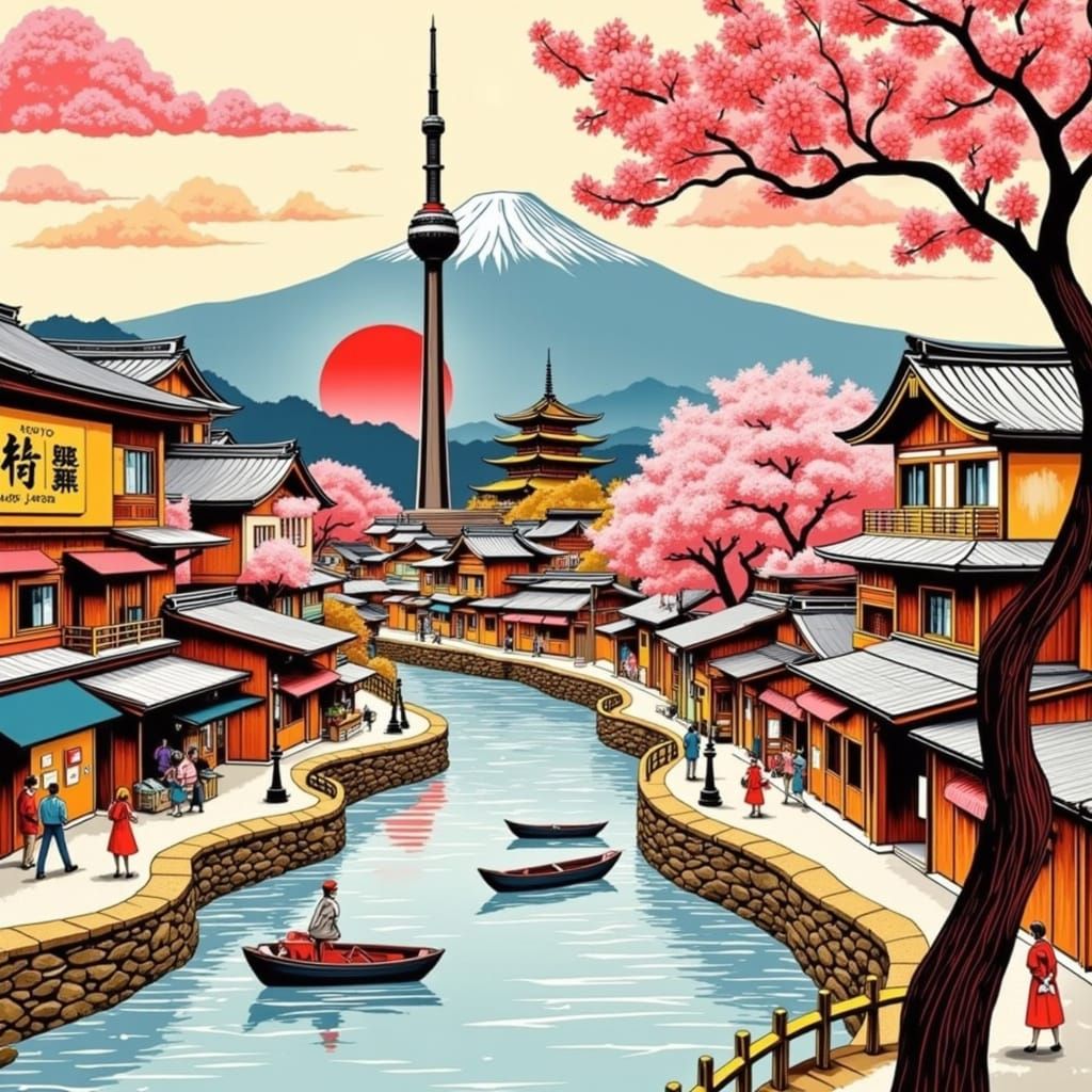 Vibrant Tokyo Scene in Retro Poster Style