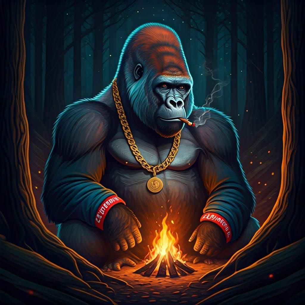 Gorilla in Streetwear Smokes by Mystical Campfire