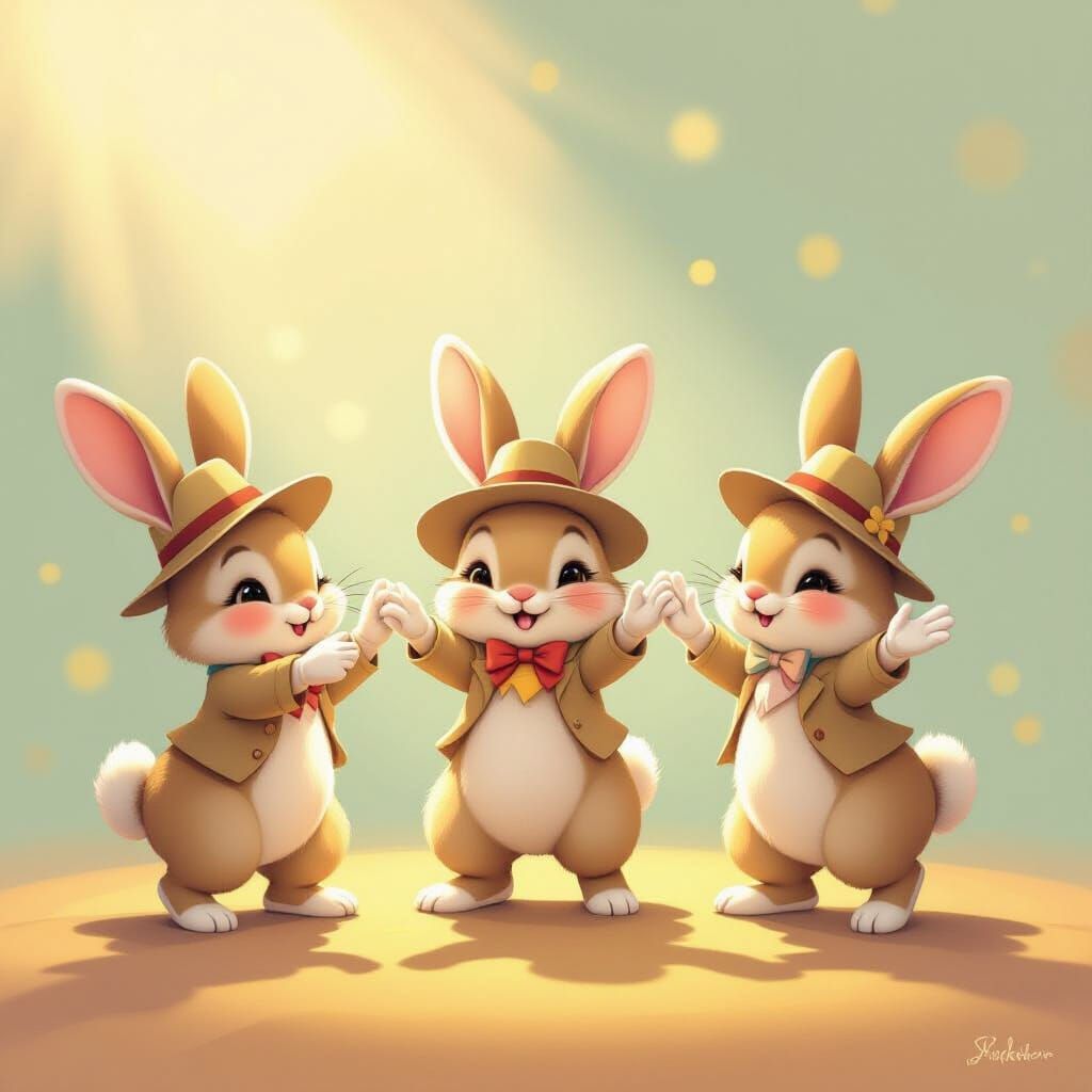 Three Bunnies Dancing in Pastel Swirls