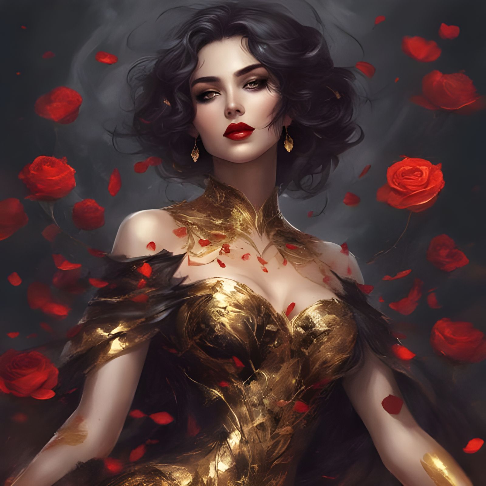 Gothic Beauty in Golden Rose Petals, Masterpiece