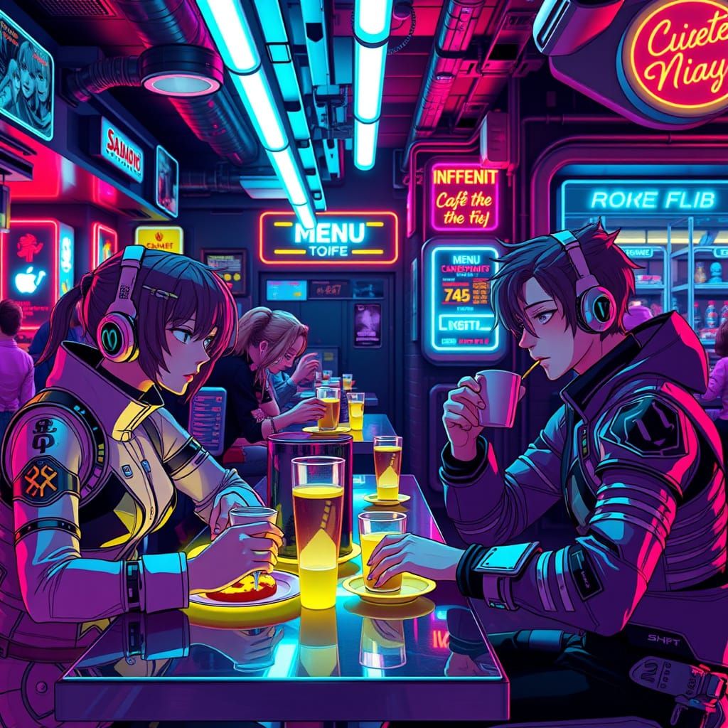 Cyberpunk Cafe with LGBTQ Patrons and Neon Menu